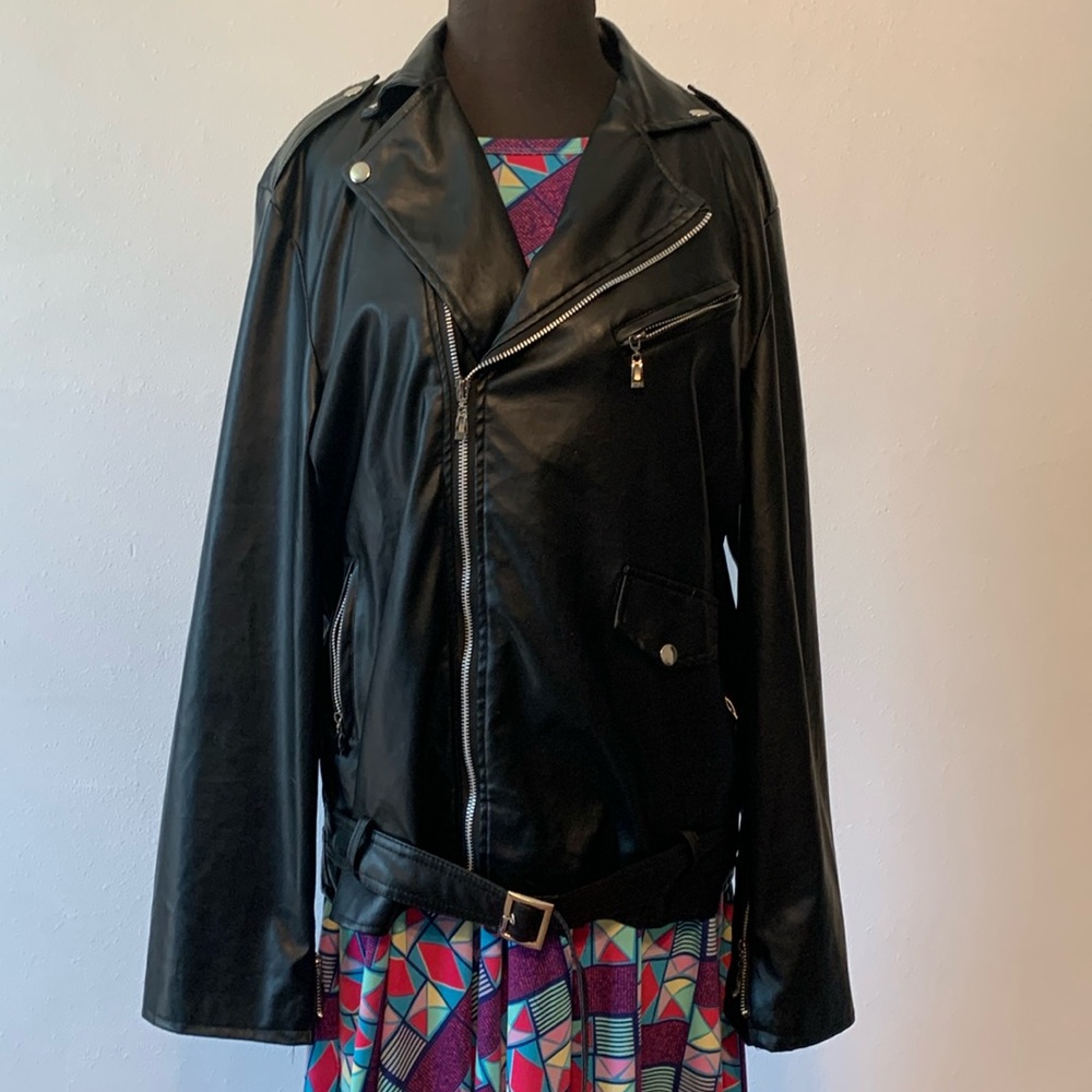 FZL Black Faux Leather Biker Belted Punk Rocker Jacket
